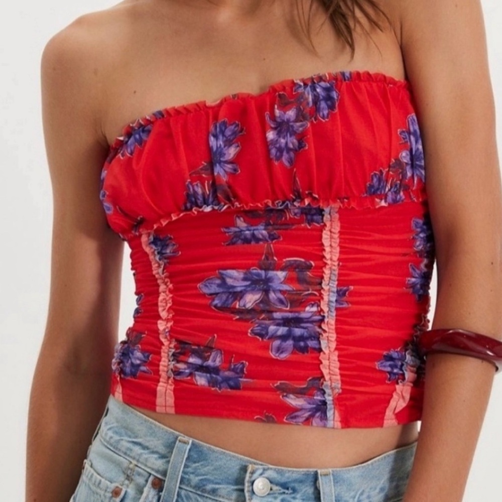 Free People Red and Purple Floral Strapless Crop Top